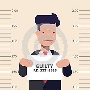 Caught guilty businessman or manager with ID signs on his hand. Concept dishonest business. Flat vector illustration in