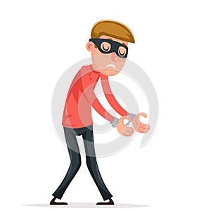 Caught handcuffs burglar robber thief scared guy character isolated icon cartoon design vector illustration