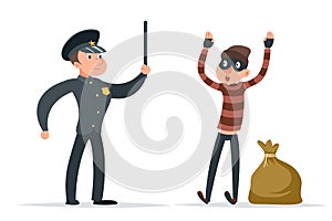 Caught thief surrender loot policeman character cartoon design vector illustration