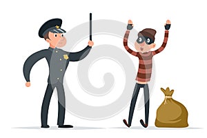 Caught thief surrender loot policeman character cartoon design vector illustration photo