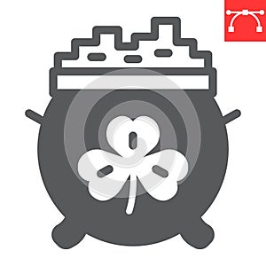 Cauldron with coins glyph icon, St. Patricks day and holiday, pot with gold vector icon, vector graphics, editable
