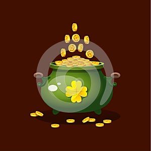 Cauldron full of golden coins with lucky clover sign