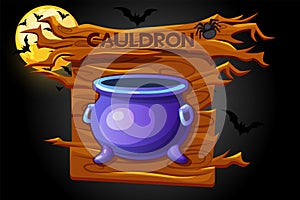 Cauldron game icon, halloween wooden banner and scary night.