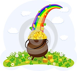 Cauldron, with gold coins under rainbow. Vector illustration.