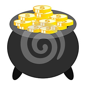 Cauldron with gold coins vector icon