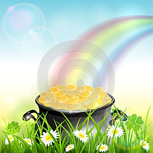 Patrick Day Rainbow on Blue Nature Background with Leprechauns Gold