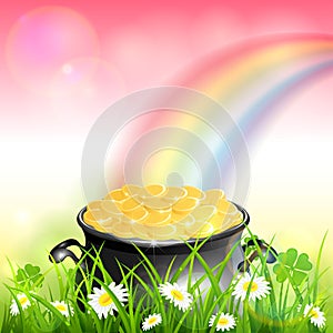 Patrick Day Rainbow on Pink Nature Background with Leprechauns Gold