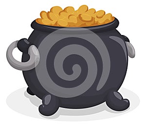Cauldron with handles and gold coins over white background, Vector illustration