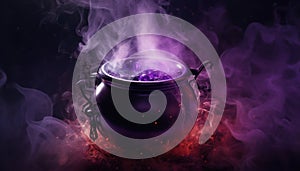 Cauldron with magic potion, with purple bubbles, smokes. Dark purple colored