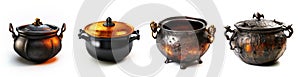 cauldron or old pots or pans. collection set against a white background. steel pans. metal pots. lid. copper.