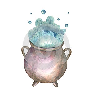 Cauldron, potion, magic. Watercolor illustration isolated on white background. Halloween.