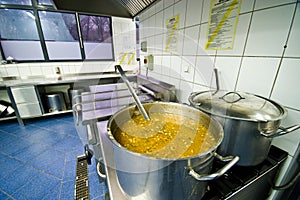 Cauldron of soup in a hotel kitchen