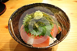 Caulerpa lentillifera from Okinawa-ken Japan with rice and tuna