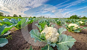 cauliflower - Brassica oleracea - white head is composed of a white inflorescence meristem edible curd with green leaves growing