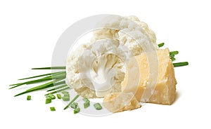Cauliflower, green spring onions and cheese isolated on white background. Soup ingredients