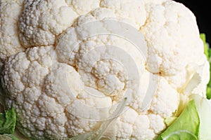 Cauliflower head curd coliflor on black reflective studio background. Isolated black shiny mirror mirrored background for every co photo