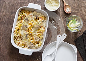 Cauliflower mac and cheese on the brown wooden table