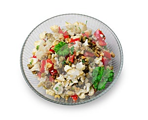 Cauliflower Mung Bean and Bell Pepper Salad, Vegan Food, Tasty Appetizer on White Background