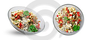 Cauliflower Mung Bean and Bell Pepper Salad, Vegan Food, Tasty Appetizer on White Background