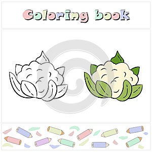 Cauliflower. A page of a coloring book with a colorful vegetables and a sketch for coloring.