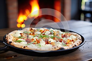 cauliflower pizza in a wood-fired oven with flames at the back
