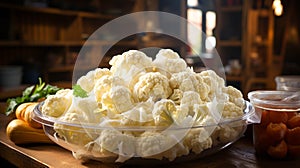 Cauliflower in plastic bowl