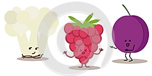 Cauliflower, plum and raspberry. set of cartoon tropical fruit and vegetable characters in kawaii style