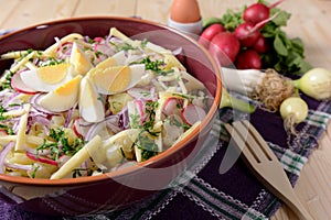 Cauliflower salad with potatoes, hard cheese, eggs, red onion and radish