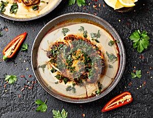 Cauliflower steaks with chimichurri sauce and butter bean puree