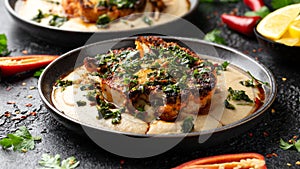 Cauliflower steaks with chimichurri sauce and butter bean puree