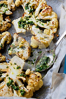 Cauliflower steaks with a cilantro lime chimichurri sauce