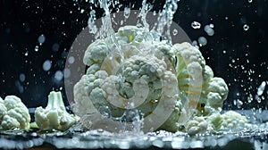 Cauliflower Vegetable falling into Water against Black Background