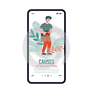 Causes of stomach pain banner for mobile app page cartoon vector illustration.