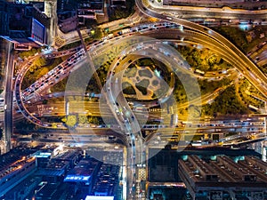 Top down view of Hong Kong city traffic at night