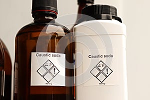 Caustic soda in bottle, chemical in the laboratory