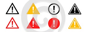 Caution alarm set. Caution warning signs set. Attention vector icon, yellow, red and black fatal error message element. Vector EPS