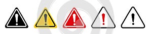 Caution alarm set, danger sign collection, attention vector icon, yellow, red and black fatal error message element