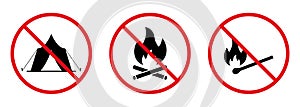 Caution Ban Bonfire Matchstick Black Silhouette Icon Set. Prohibit Camping Fire Zone. Forbidden Camp Area Pictogram