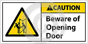 Caution Beware Opening Door Sign On White Background