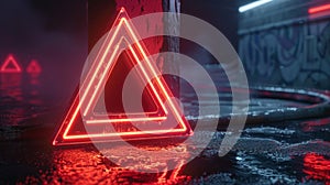 Caution concept. Triangle neon road warning sign at night