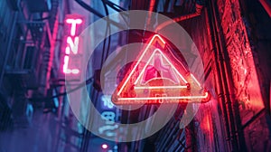Caution concept. Triangle neon road warning sign at night