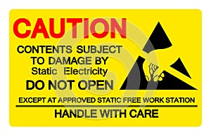 Caution Contents Subject To Damage By Static Electricity Symbol Sign, Vector Illustration, Isolated On White Background Label .