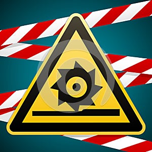 Caution, cutting shafts. Safety warning sign. Yellow triangle with black image on background of warning tape. Vector