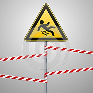 Caution - danger Beware of slippery. Safety sign. The triangular sign on a metal pole with warning bands. Gray background. Vector