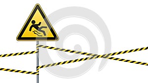 Caution - danger Beware of slippery. Safety sign. The triangular sign on a metal pole with warning bands. White background. Vector