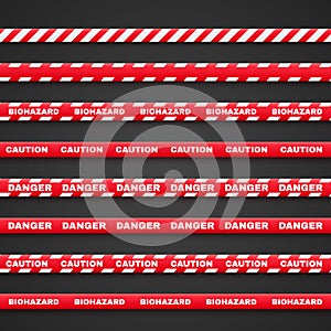 Caution, danger, red ribbons with the inscription warn. Vector illustration isolated on a black background