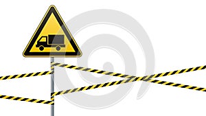 Caution - danger Warning sign safety. Beware of the Car. A yellow triangle with a black image. The sign on the pole and