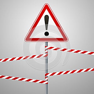 Caution - danger Warning sign safety. A red triangle with black image. The on the pole and protecting ribbons. Vector .