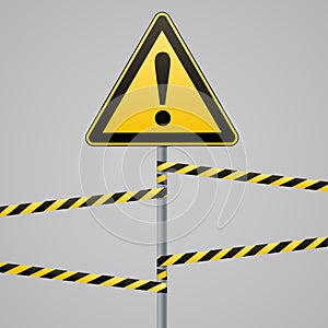 Caution - danger Warning sign safety. A yellow triangle with black image. The on the pole and protecting ribbons. Vector