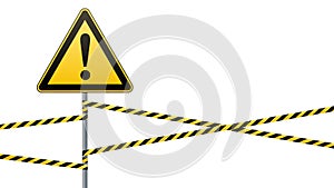 Caution - danger Warning sign safety. yellow triangle with black image. sign on pole and protecting ribbons. Vector illustrations